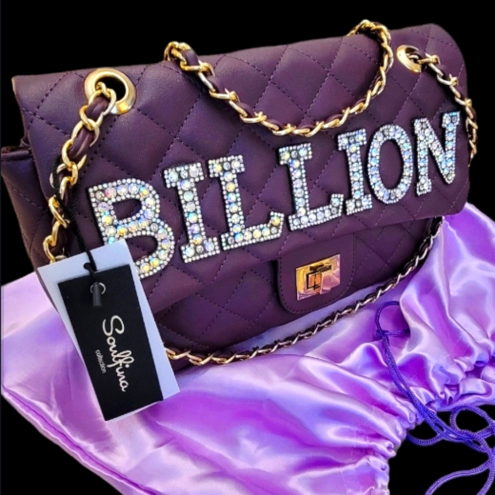 SOULFINA Rhinestone Purple BILLION  Quilted Turn Lock Chain Shoulder Bag NWT